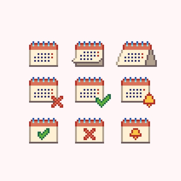 Calendario, juego de arte de píxeles organizador. Mes, colección de símbolos del planificador de fecha. Símbolos de la interfaz de usuario. Sprite de 8 bits.