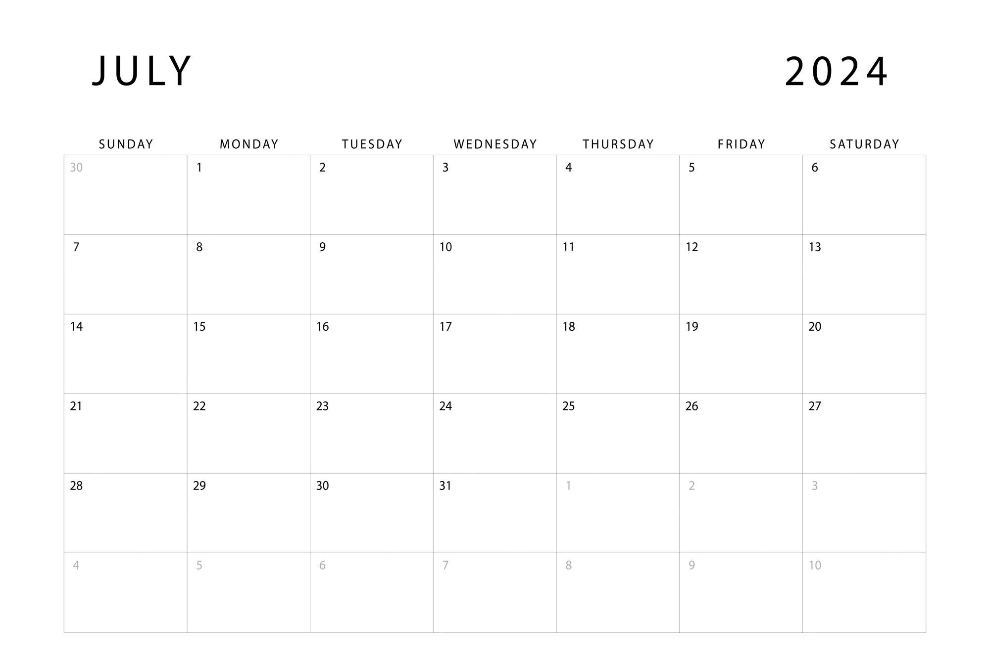 Calendario de julio de 2024 plantilla de planificador mensual inicio de