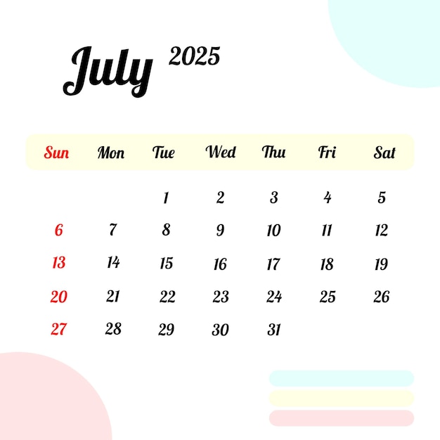 Calendario de julio de 2025 Vector Premium
