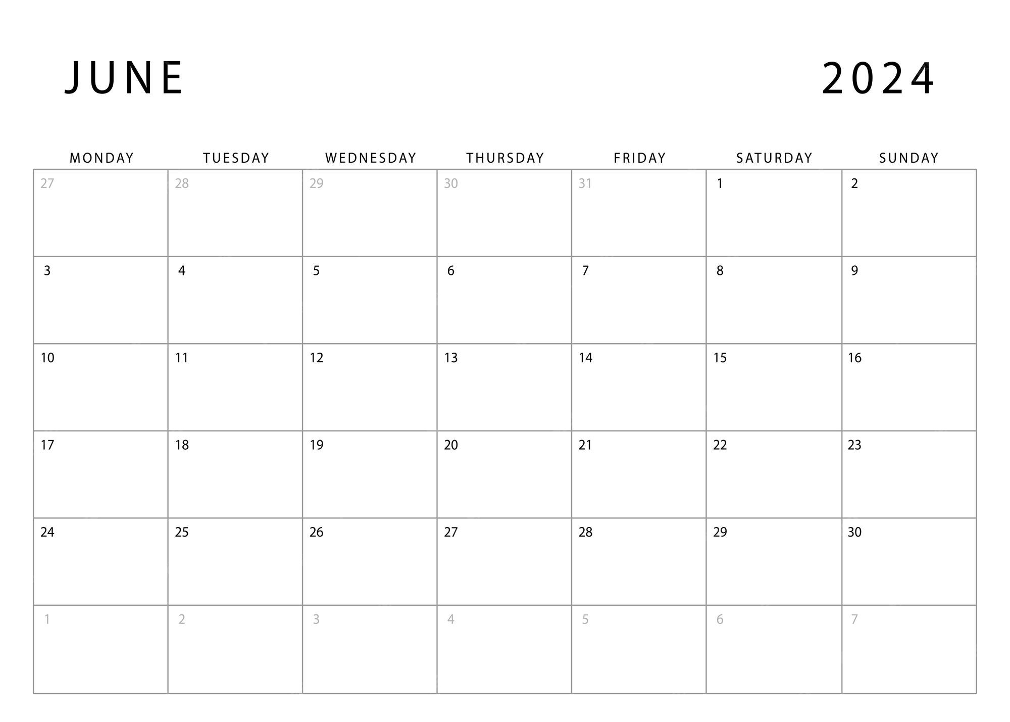 Calendario de junio de 2024 Inicio del lunes Plantilla de planificador