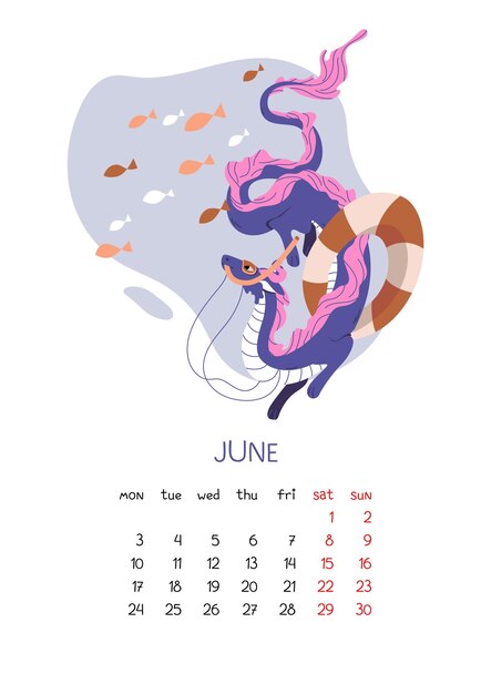 Calendario para junio con dragón chino símbolo del año nuevo nada en máscara bajo el agua con peces