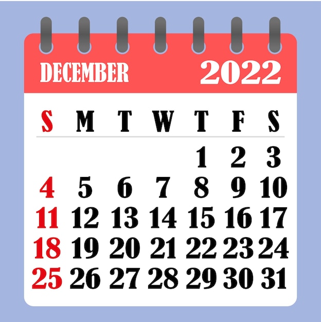 Calendario de letras para diciembre de 2022 la semana comienza el domingo concepto de planificación y programación del tiempo diseño plano calendario extraíble para el mes ilustración vectorial