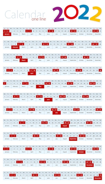 Calendario de una línea para el año 2022.