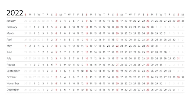 Calendario lineal 2022. Planificador horizontal por año. Plantilla de calendario anual. La semana comienza el domingo
