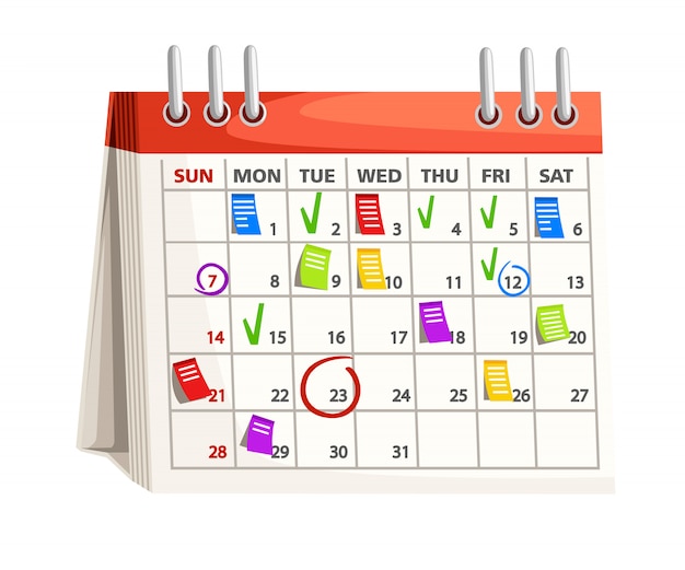 Calendario con marcas. Notas sobre las fechas del calendario. Concepto de planificación. ilustración sobre fondo blanco
