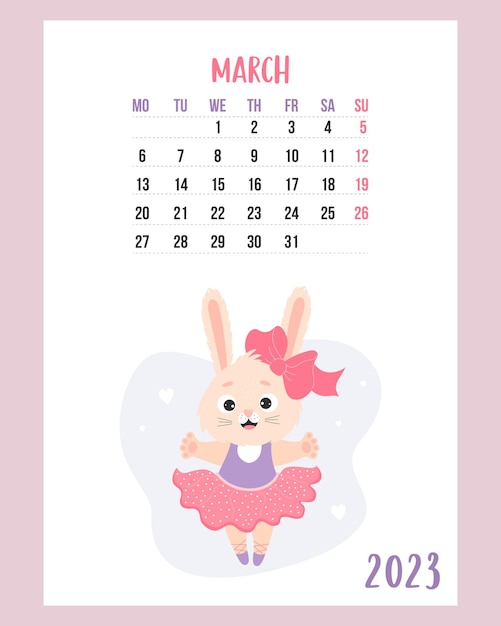 Calendario de marzo de 2023 Linda conejita bailarina vestida con zapatos de punta Conejo es símbolo año 2023