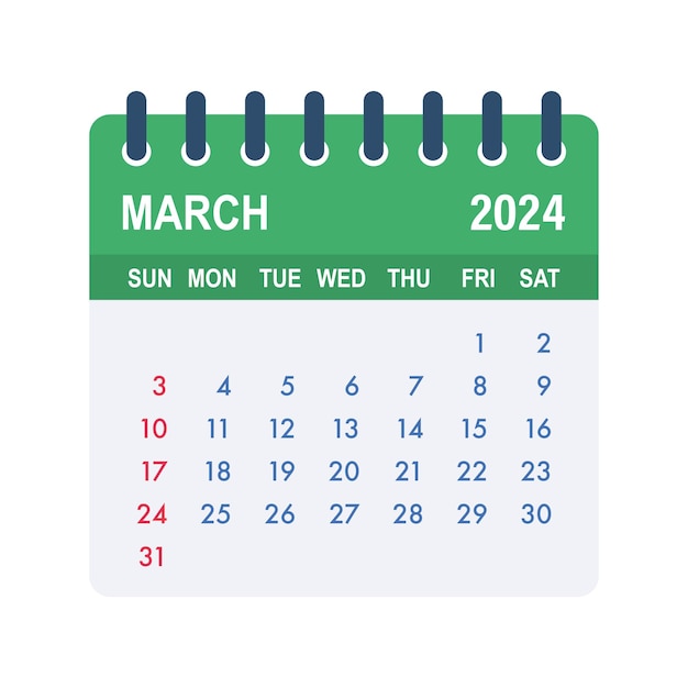 Calendario de marzo de 2024 calendario de hojas 2024 en estilo plano