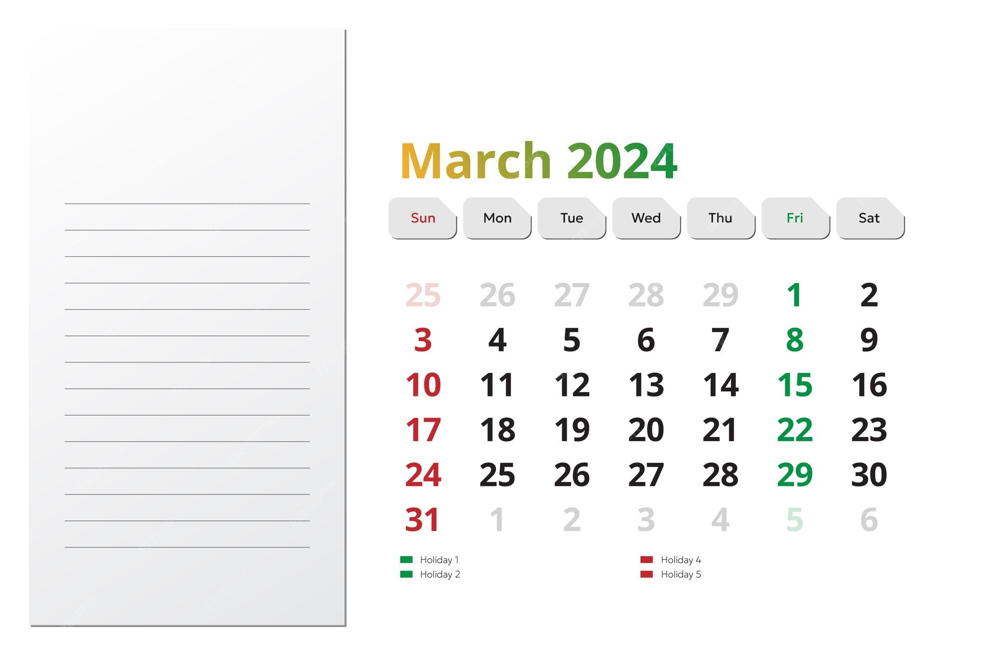 Calendario marzo 2024 editable Vector Premium