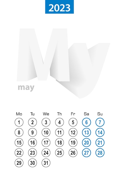 Calendario para mayo de 2023 diseño de círculo azul La semana en inglés comienza el lunes