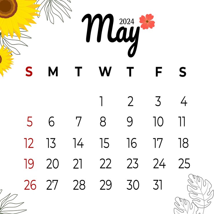 Vector calendario de mayo de 2024 con flores estéticas