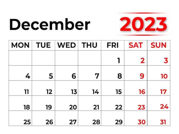 Calendario mensual de 2023 para diciembre con aspecto muy limpio