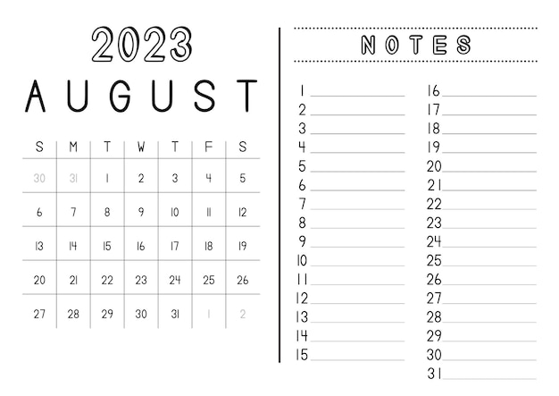 Calendario mensual agosto 2023