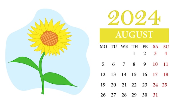 Calendario mensual de agosto de 2024 con un sunflover