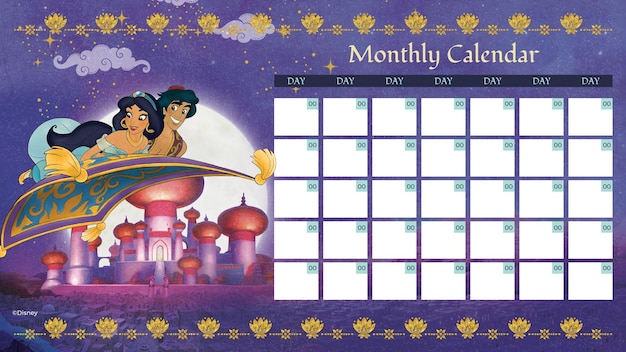 El calendario mensual de Aladdin y Jasmine.