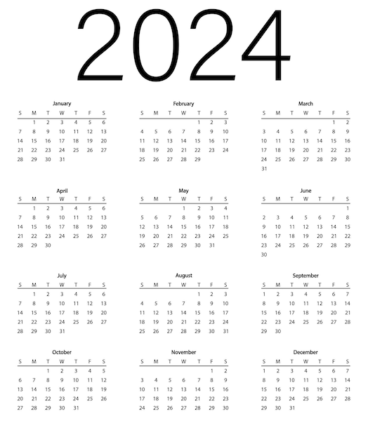 Calendario mensual para el año 2024 La semana comienza el domingo Ilustración vectorial