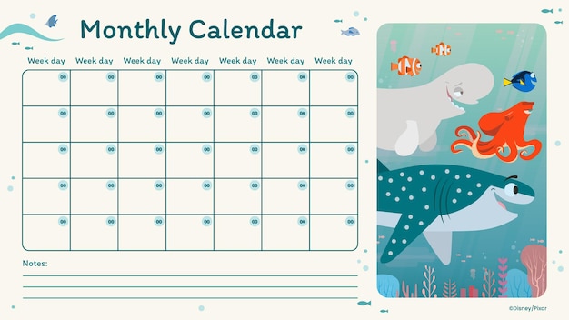 Calendario mensual de Buscando a Nemo