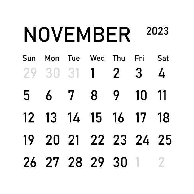 Vector calendario mensual clásico para 2023. calendario al estilo de forma cuadrada minimalista. noviembre