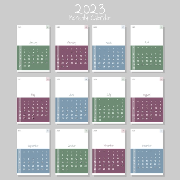 Calendario mensual colorido lindo simple 2023