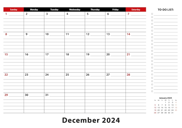 Calendario mensual de escritorio de diciembre de 2024, la semana comienza a partir del domingo, tamaño A3