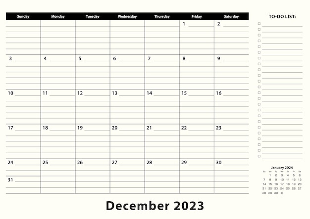 Calendario mensual de escritorio de negocios de diciembre de 2023