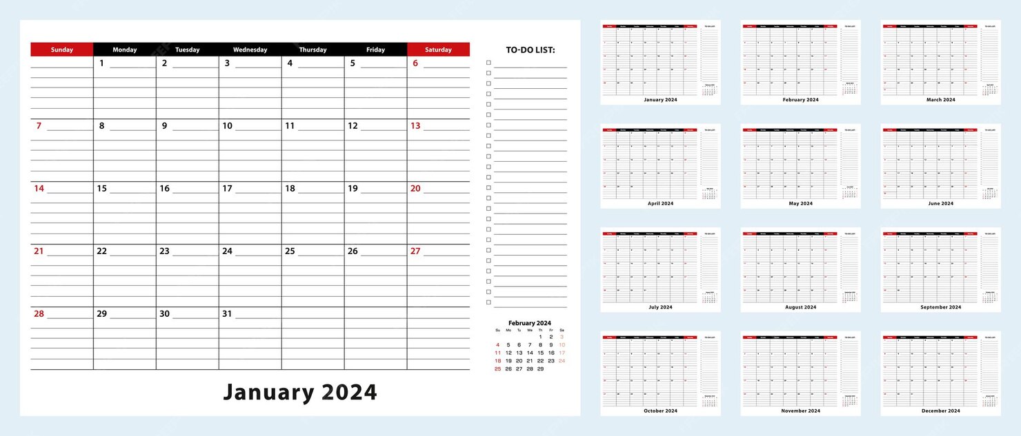 Calendario mensual de escritorio vectorial enero 2024 diciembre 2024