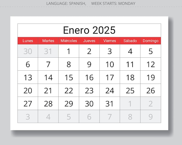 Calendario mensual español de enero de 2025 Ilustraciones de páginas vectoriales para el mes de invierno para España