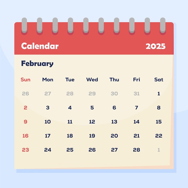 Calendario mensual de febrero de 2025 Ilustración vectorial