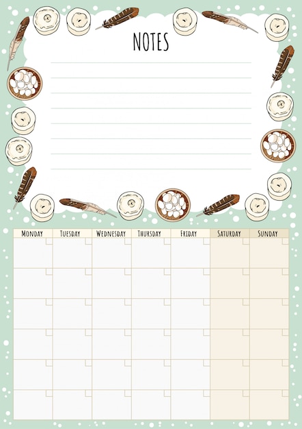 Calendario mensual hygge con elementos boho y notas para hacer la lista. lagom planificador escandinavo.