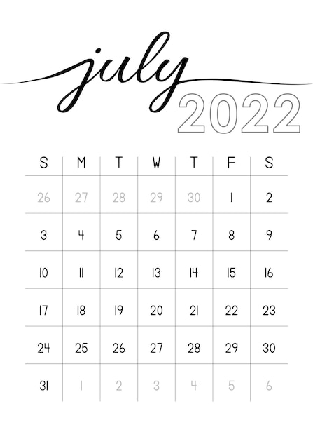 Vector calendario mensual julio 2022