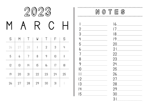 Calendario mensual marzo 2023