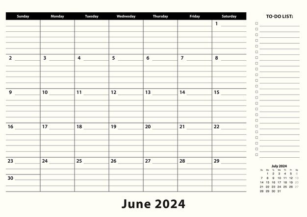 Vector calendario mensual de la mesa de negocios de junio de 2024