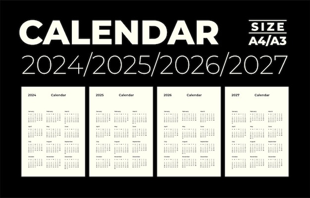 Calendario mensual moderno y nota para 2024 2025 2026 2027 la semana comienza en domingo tamaño A4A3
