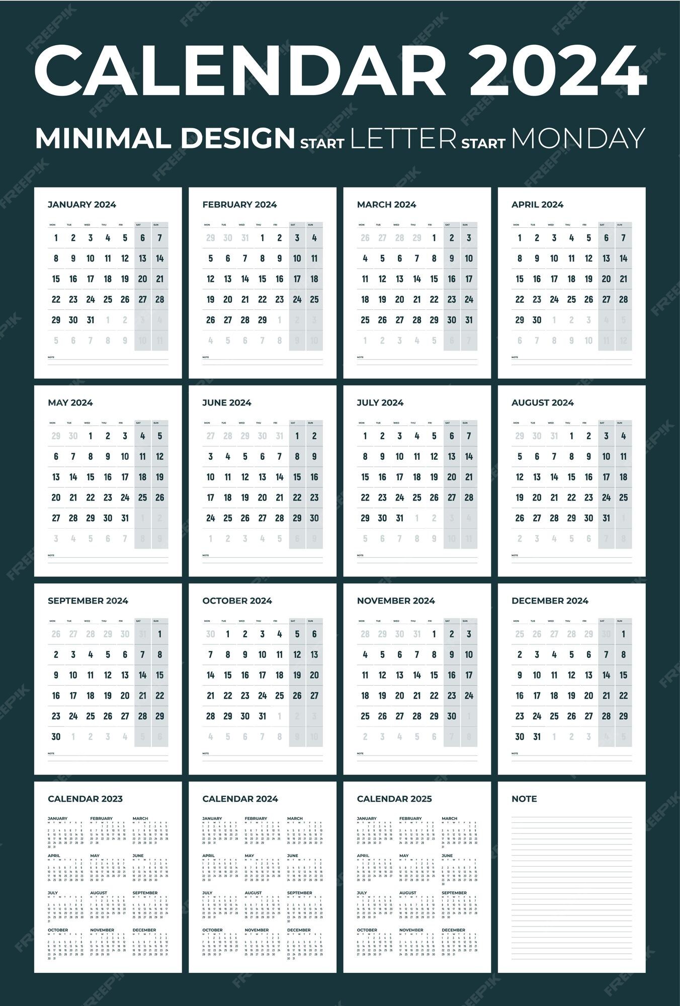 Calendario mensual y nota para 2023 2024 2025 2026 la semana comienza