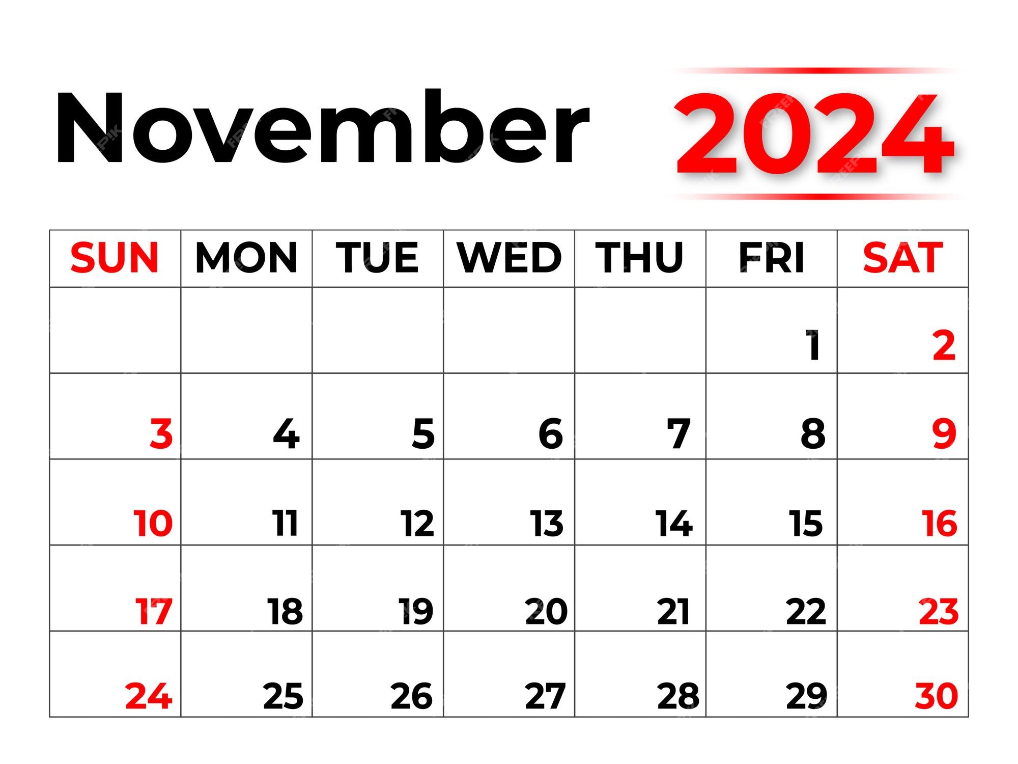 Calendario mensual para noviembre de 2024 la semana comienza en domingo