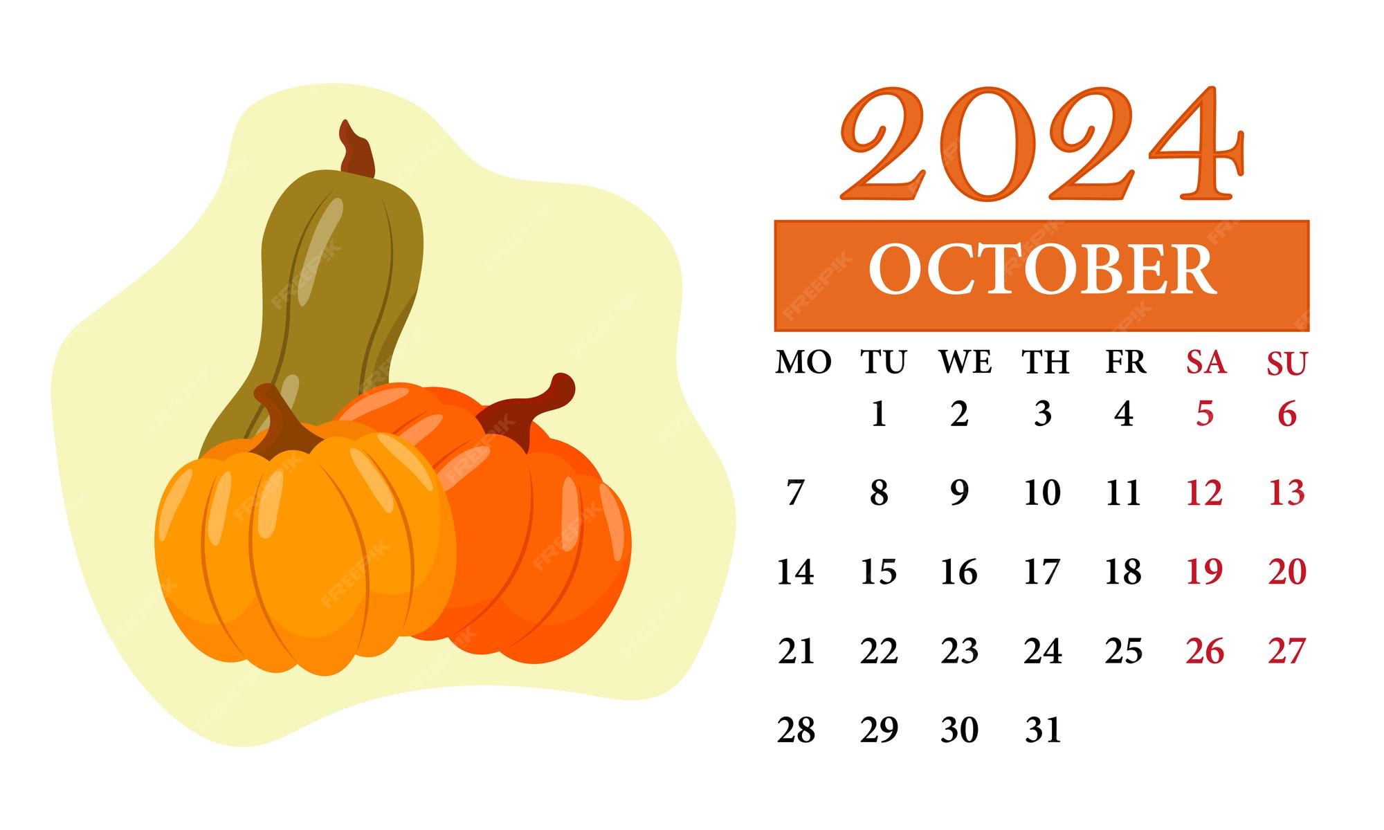 Calendario mensual de octubre de 2024 con una calabaza Vector Premium