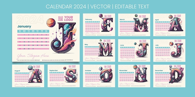 Calendario mensual de vectores espaciales 2024