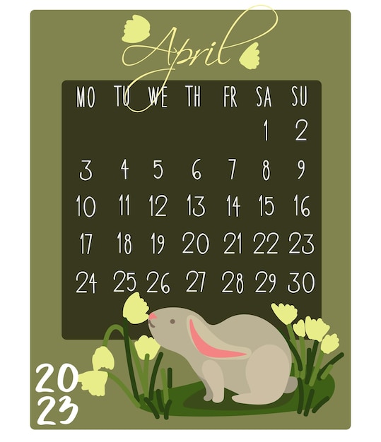 Calendario del mes con conejos para 2023 Conejo en abril Calendario mes para imprimir