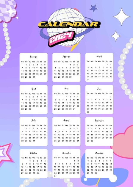 Calendario de mesa 2024, año y semana que comienza el domingo con estilo degradado que se utiliza para tamaño A4 A5 digital e imprimible vertical