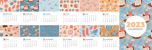 Calendario con meses plantilla de diseño vertical cuatro estaciones naturaleza lindo acogedor patrones estado de ánimo natural ve