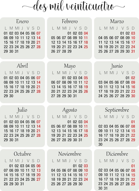 Vector calendario minimalista en idiomas ingles y español separado por meses vector