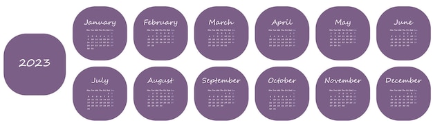 El calendario morado 2023 comenzó el lunes. Calendario mensual minimalista simple.