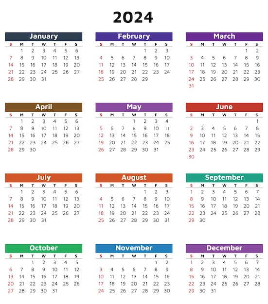 Calendario multicolor del mes de 2024 Ilustración de plantilla vectorial moderna Planifique su año con estilo