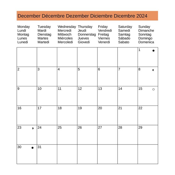 Vector calendario multilingüe de diciembre de 2024