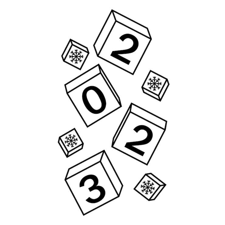 Vector calendario para navidad año nuevo cayendo cubos con el número 2023 ilustración de vector de garabato de contorno negro