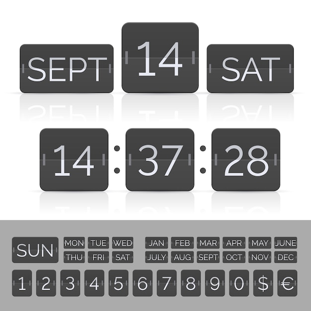 Vector calendario negro con temporizador y números de marcador.