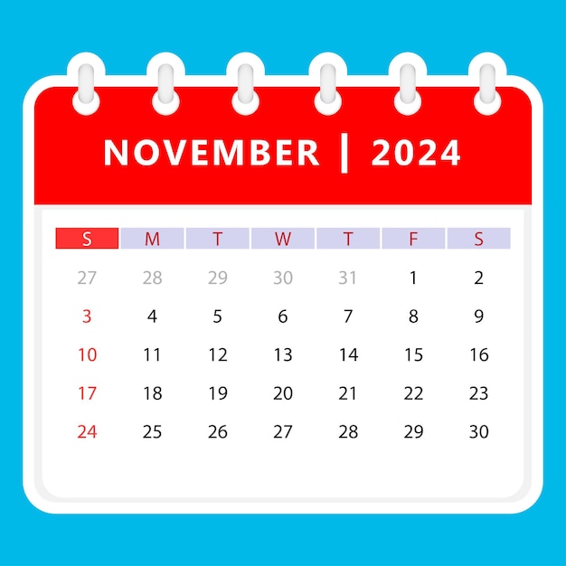 Vector el calendario de noviembre de 2024 comienza el domingo diseño vectorial