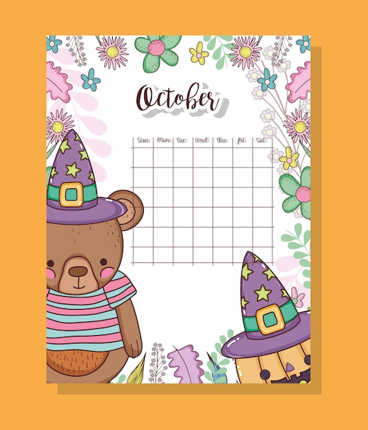 Calendario de octubre con lindos osos animales.