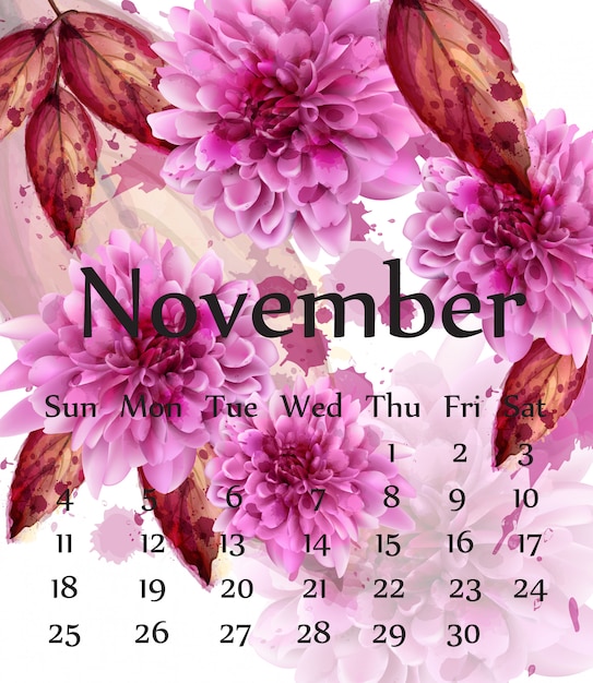 Vector calendario de otoño de noviembre con flores de margarita rosa