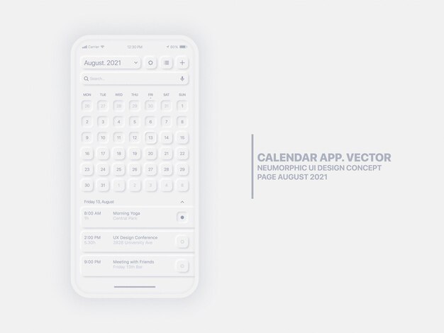 Calendario de la página de la aplicación móvil Agosto con el Administrador de tareas Diseño neumorphic UI UX conceptual