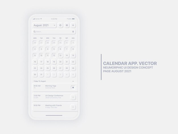 Calendario de la página de la aplicación móvil agosto con el administrador de tareas diseño neumorphic ui ux conceptual